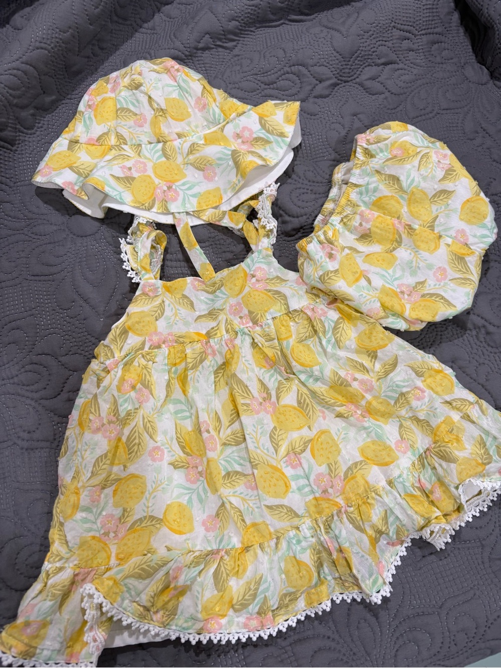 Carter's Yellow Lemon Floral Baby Dress with Matching Hat and Bloomers